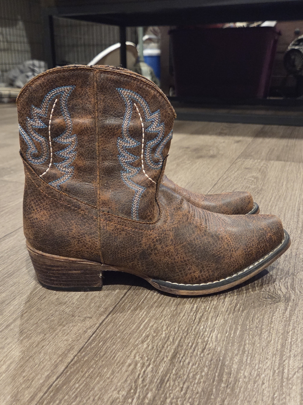 Roper Brown Western Ankle Booties with Blue Stitching